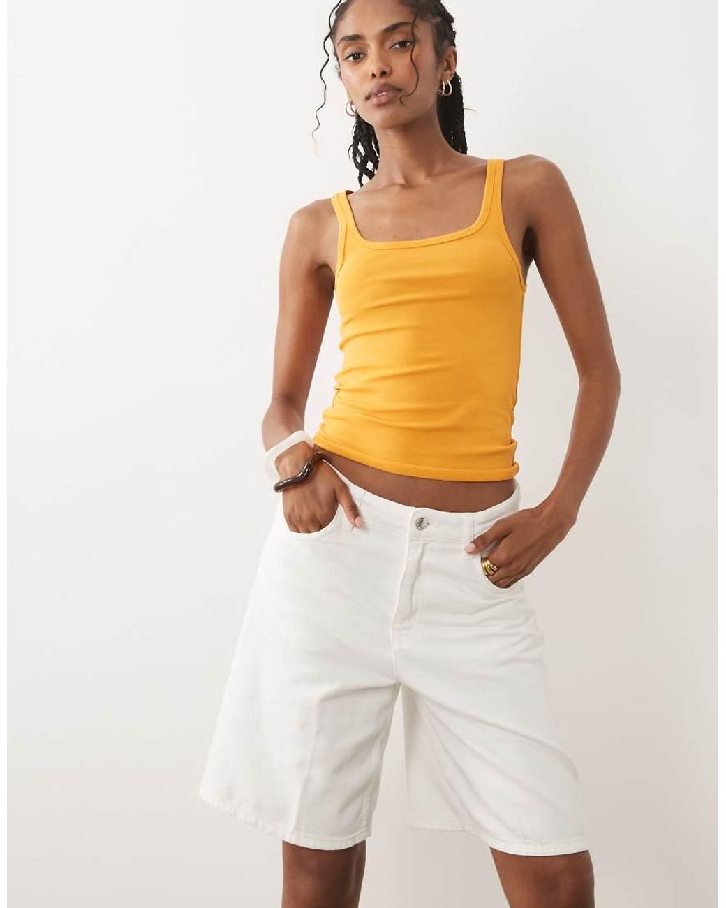 Mango White 100% Cotton Denim Bermuda Short