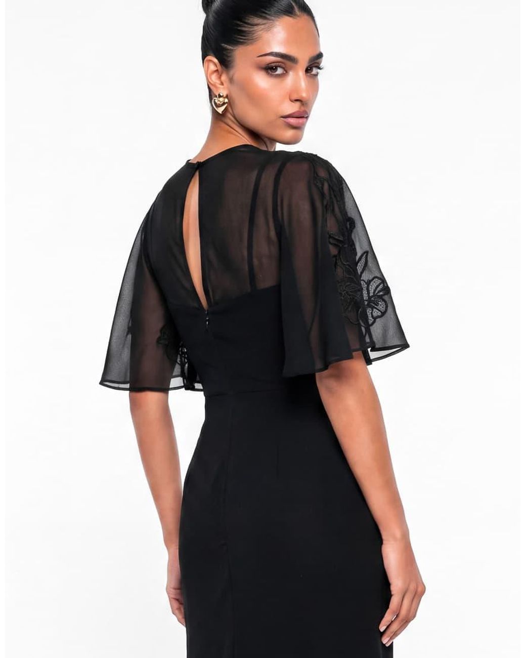 Maya Black Floral Embellished Cape Sleeve Maxi Dress