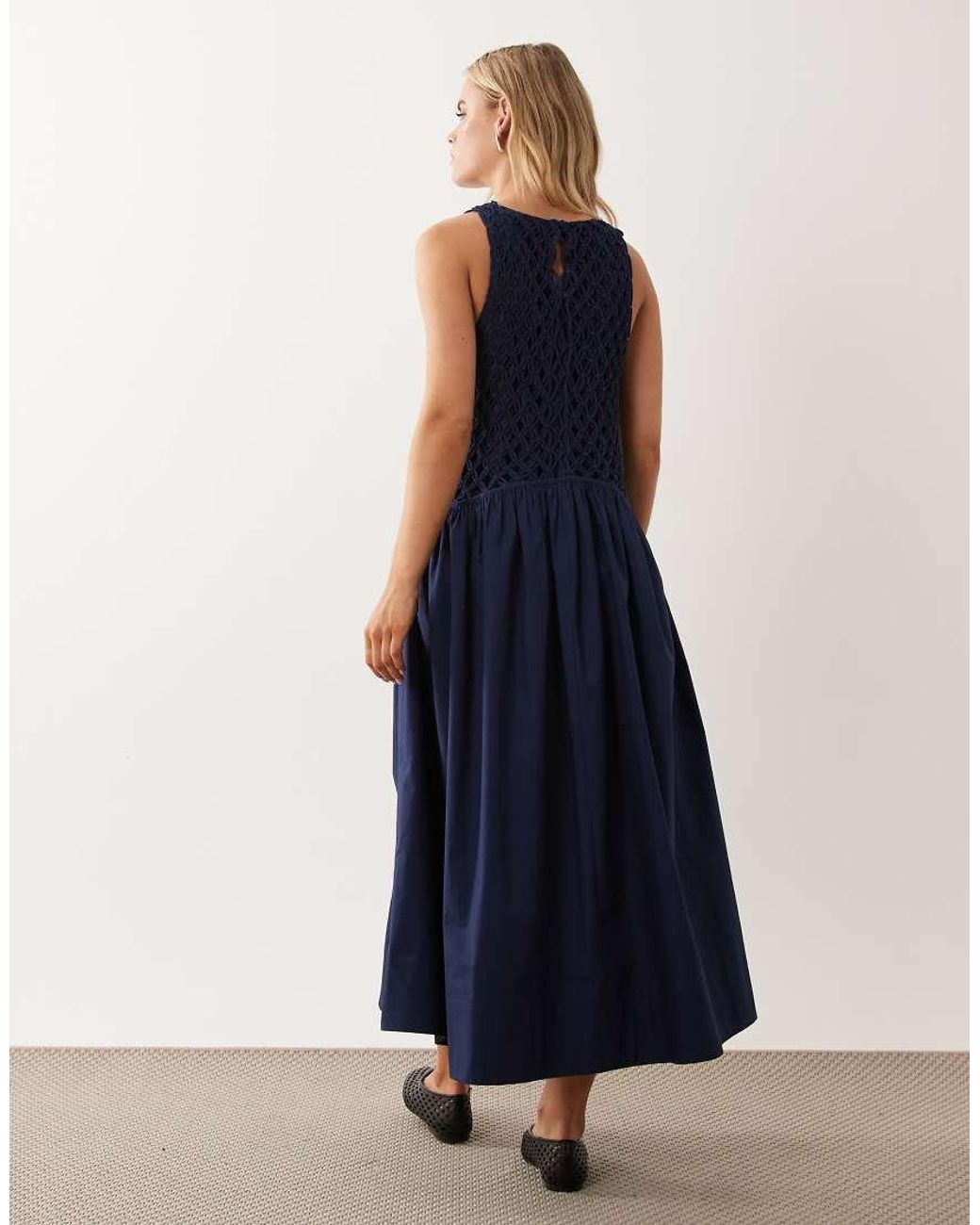 ASOS Blue Asos Design Petite Macrame Dropped Waist Maxi Dress With Poplin Skirt