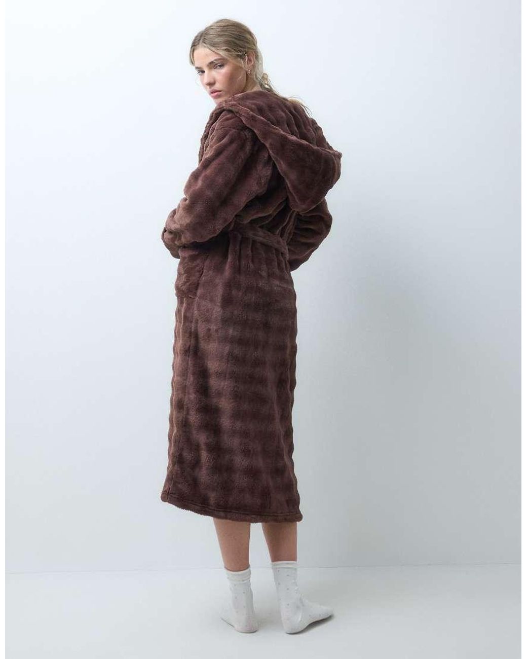 Loungeable Brown Bubble Cut Hooded Fleece Midi Length Robe