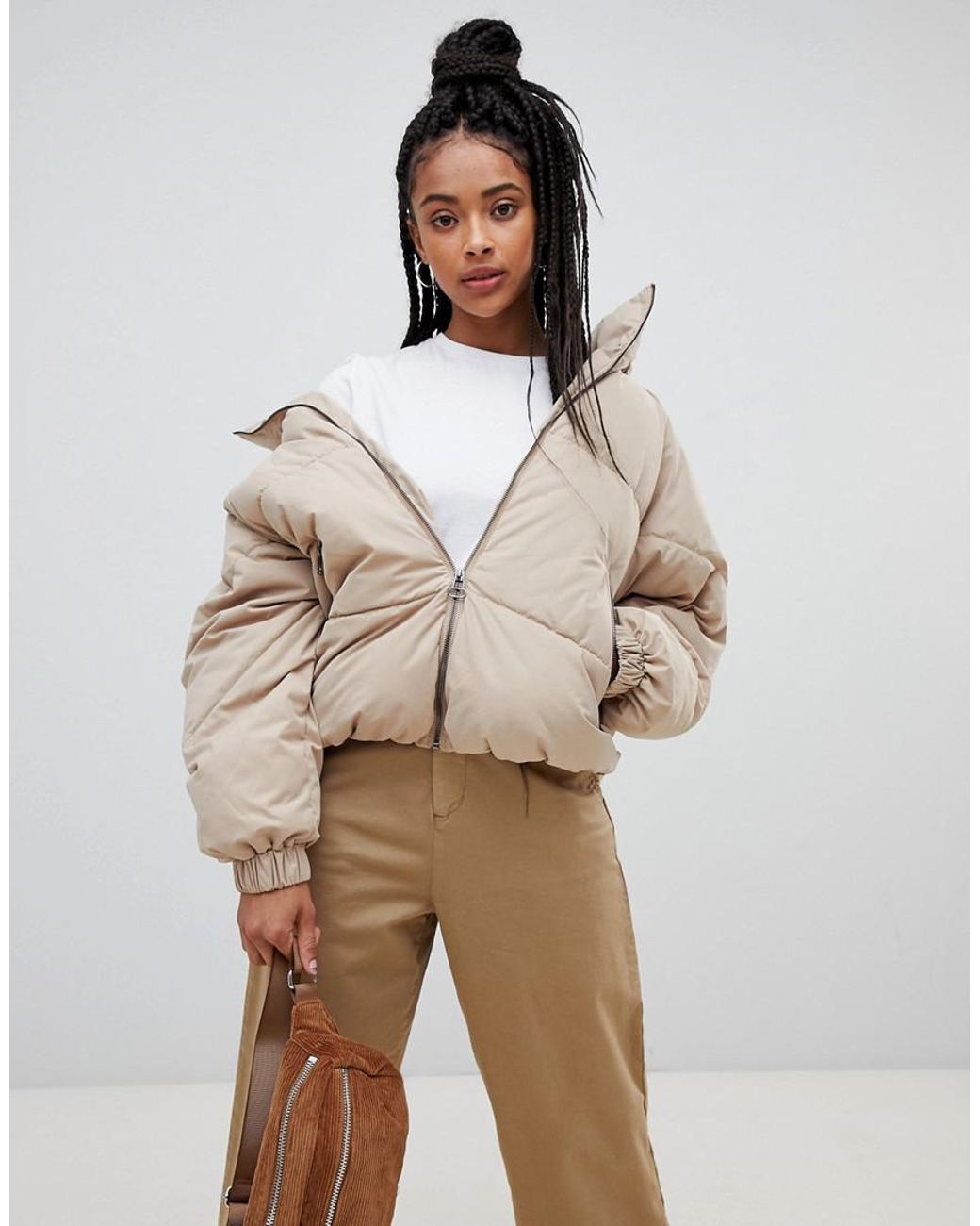 Pull&Bear Removal Hood Puffer Jacket in Natural | Lyst