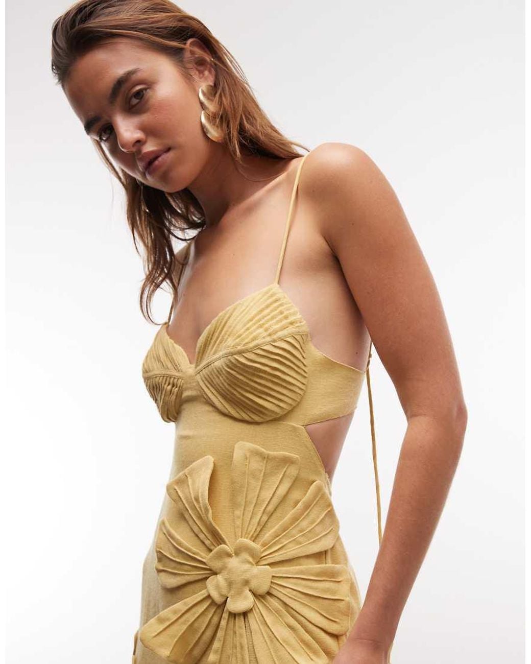 ASOS Natural Cami Maxi Dress With Floral Applique And Pleat Bust Detail