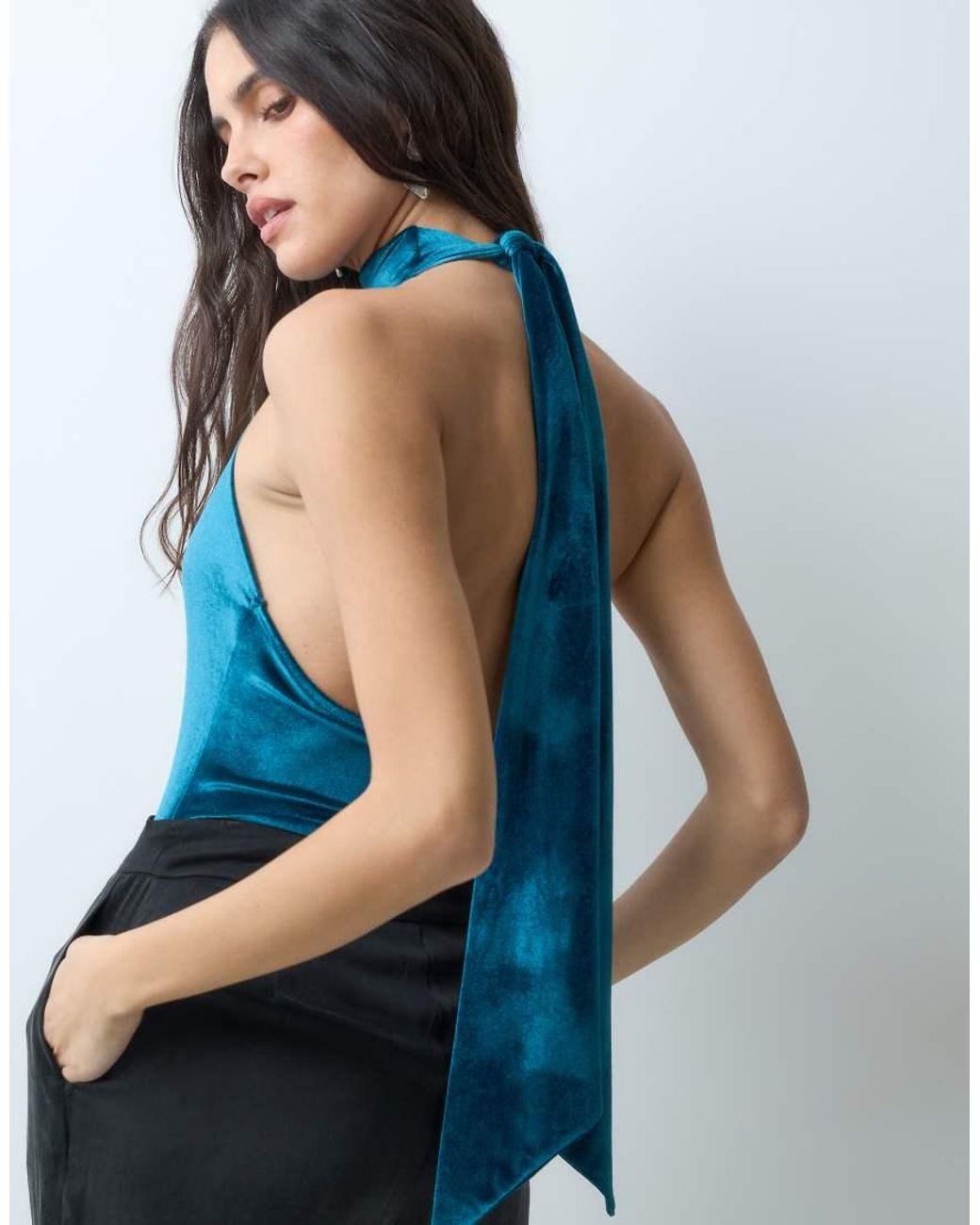 ASOS Blue Velvet Halter Bodysuit With Bow