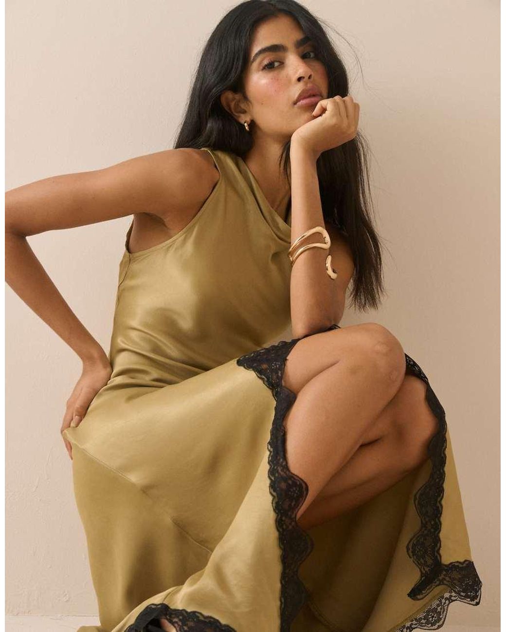 Nobody's Child Natural Marta Satin High Neck Sleeveless Lace Split Hem Maxi Dress