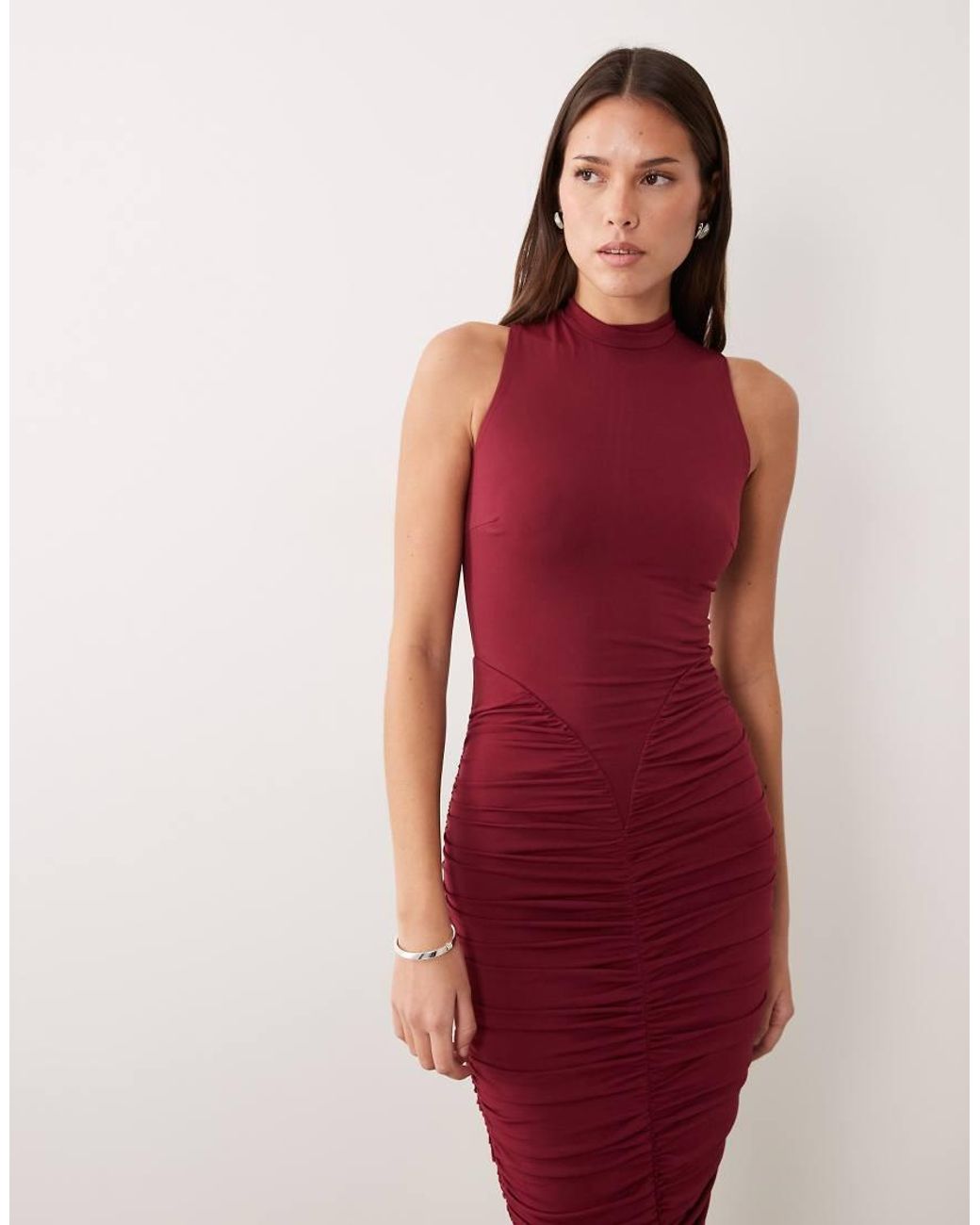 Ruched & Ready Red Sculpted Semi Sheer Mesh High Neck Sleeveless Bodycon Maxi Dress