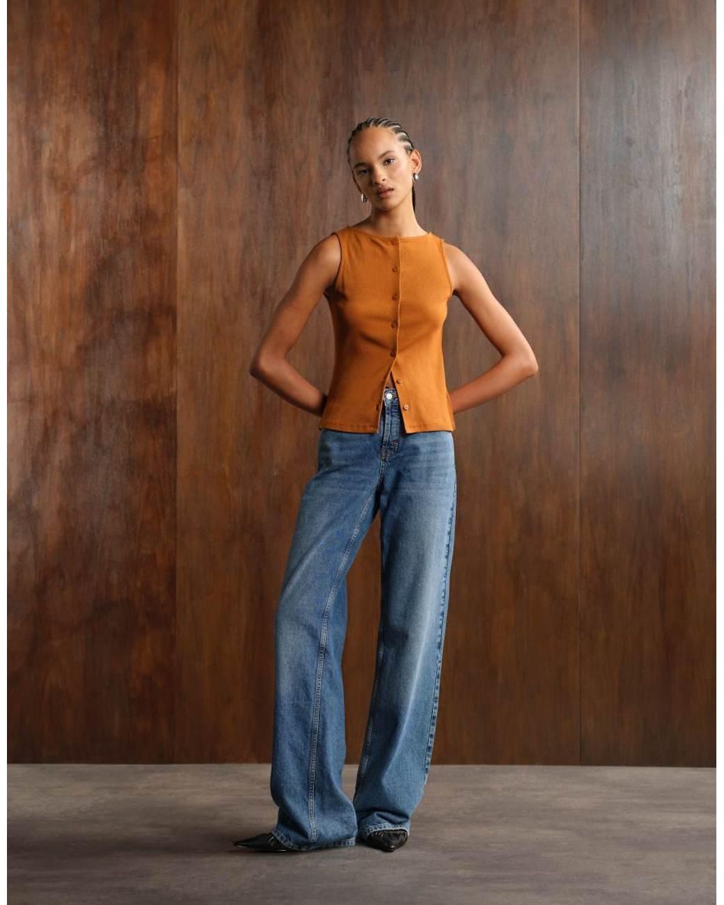 ASOS Blue Wide Neck Ribbed Button Through Tank Top