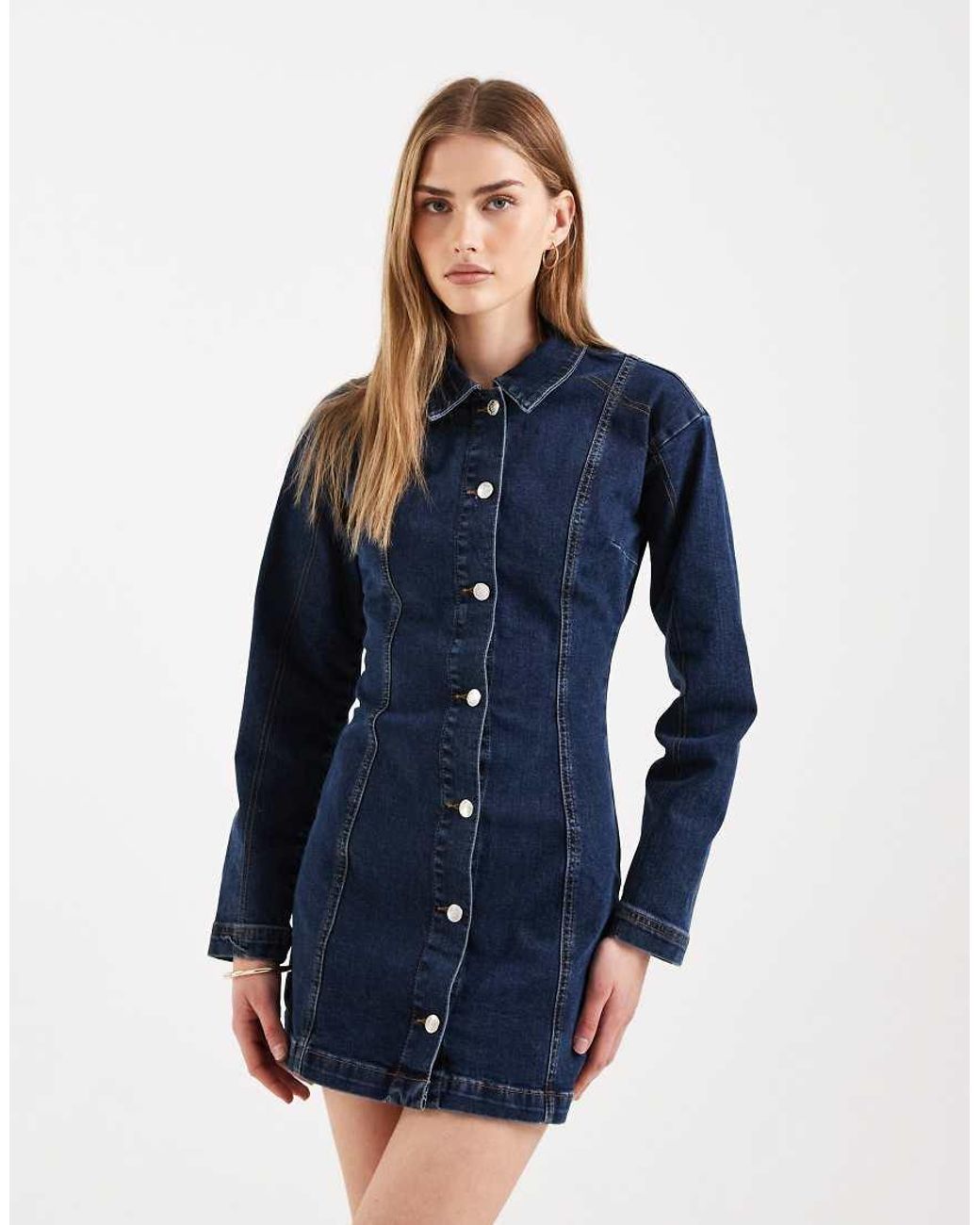Miss Selfridge Blue Button Through Long Sleeve Mini Dress