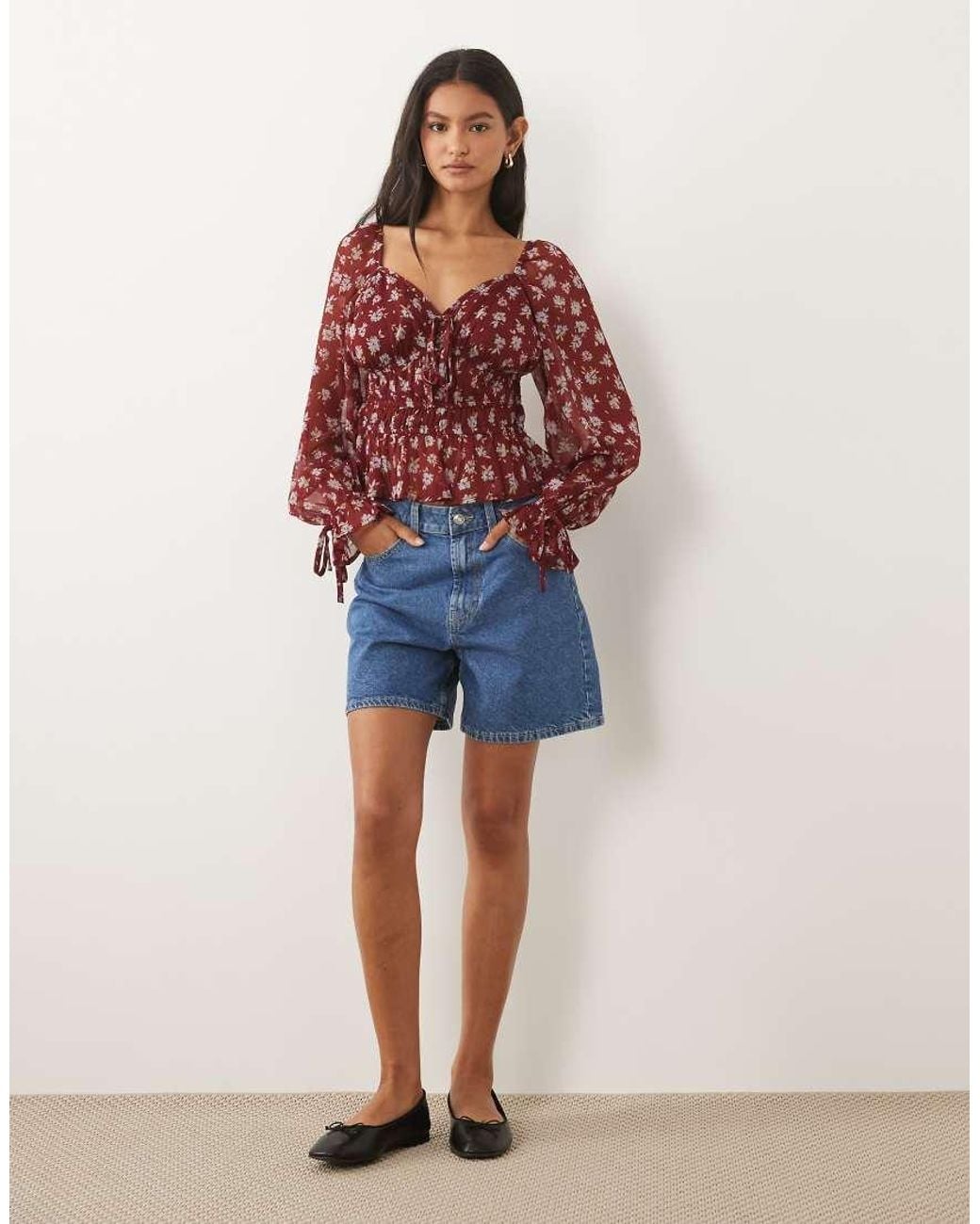 Wednesday's Girl Long Sleeve Gathered Blouse With Tie Detail