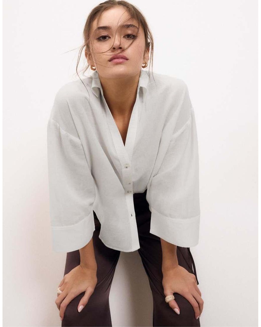 Stradivarius White Linen Blend Kimono Sleeve Shirt
