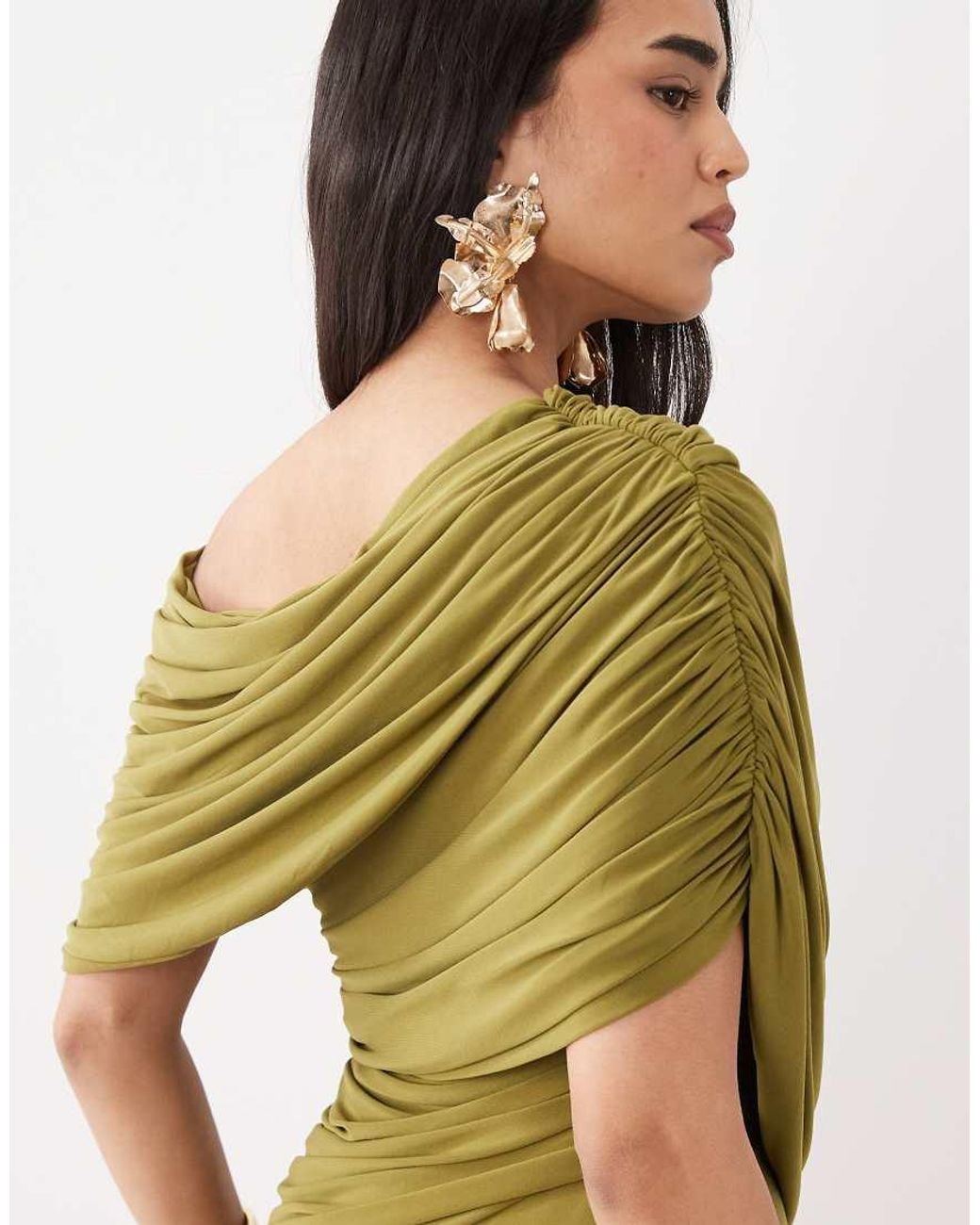 ASOS Green Off Shoulder Wrap Bodice Detail Maxi Dress With Train