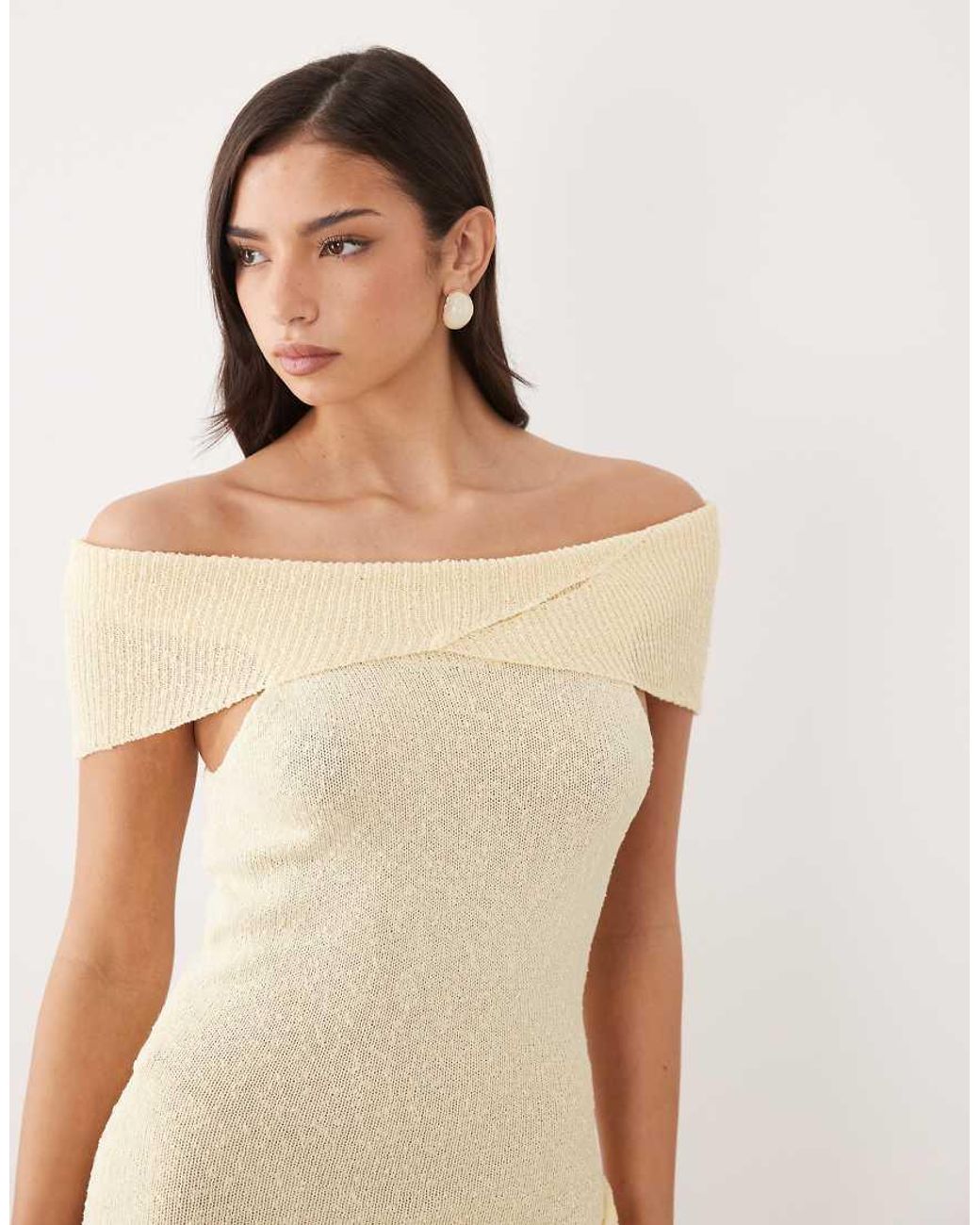 Aria Cove Natural Boucle Knit Twist Bardot Knot Drape Front Mini Dress