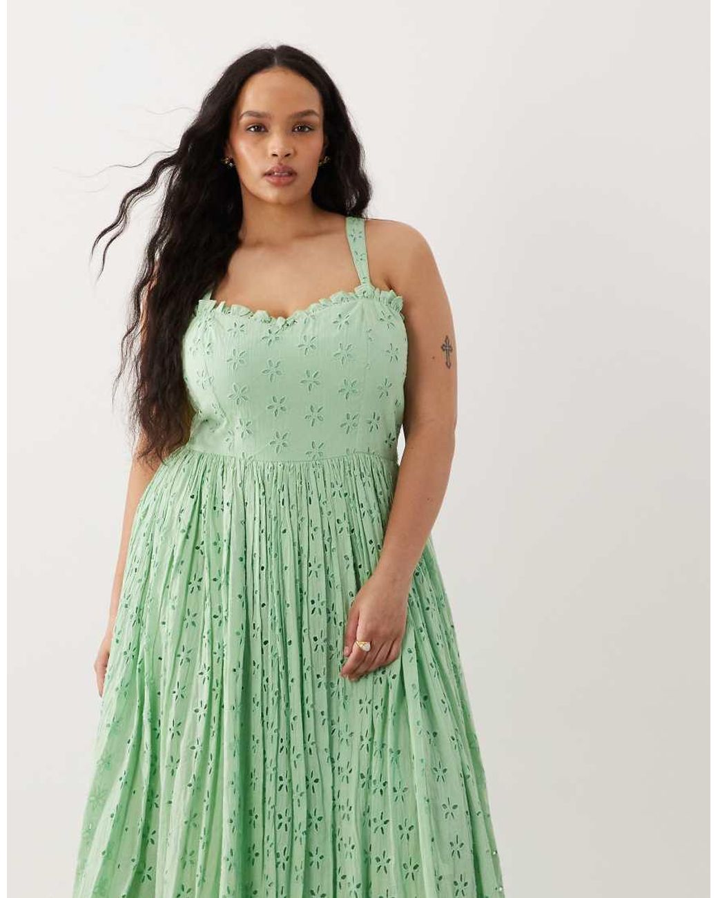 Lace & Beads Plus Green Broderie Cotton Corset Midaxi Dress