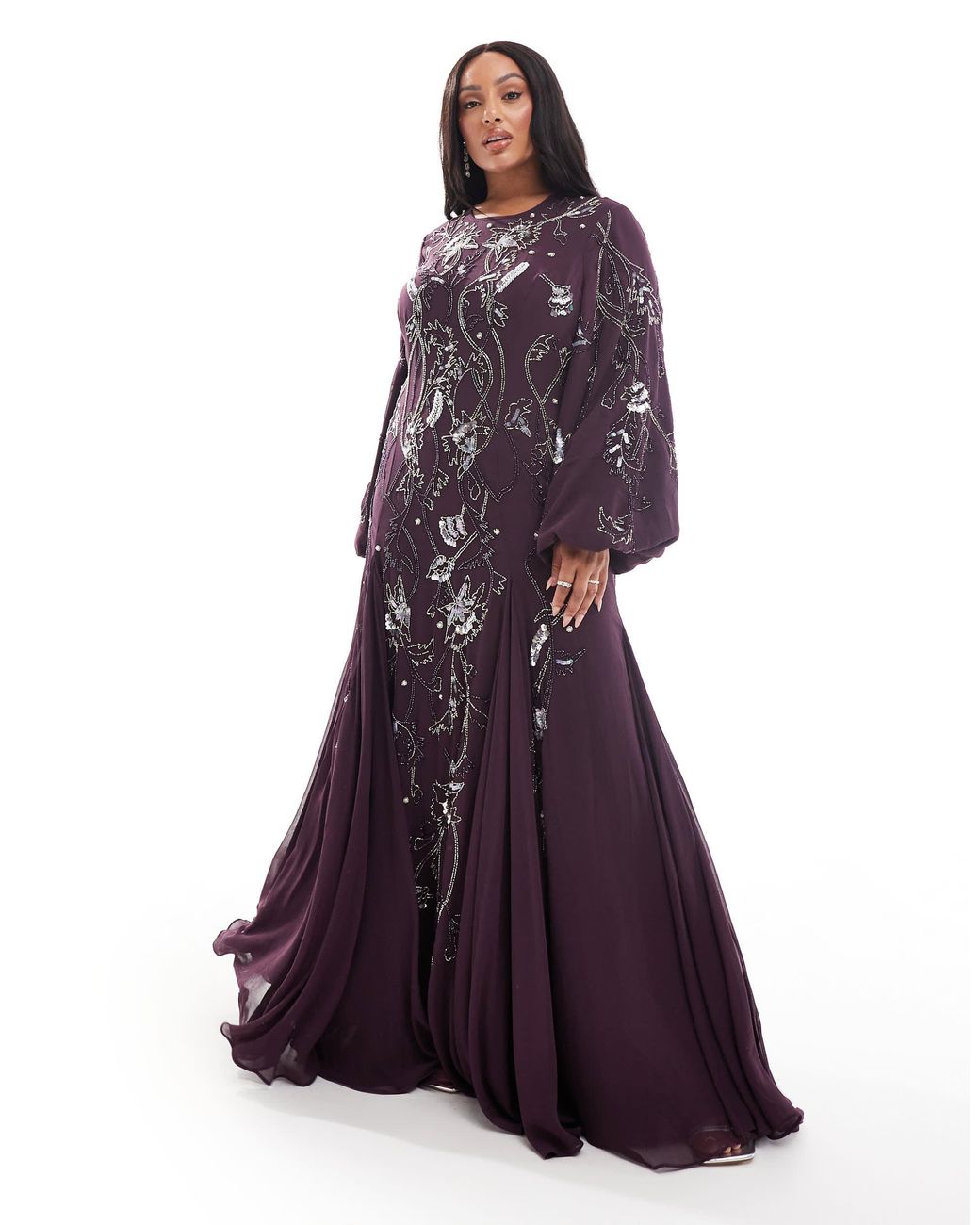 asos design all over embellished maxi dress with flared sleeves ASOS DESIGN embellished maxi dress with flare skirt and balloon sleeve in sage green