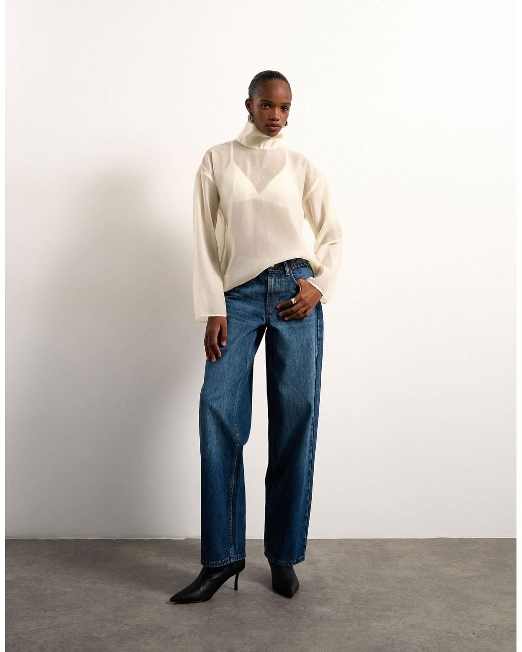 TOPSHOP Natural Funnel Neck Long Sleeve Organza Top