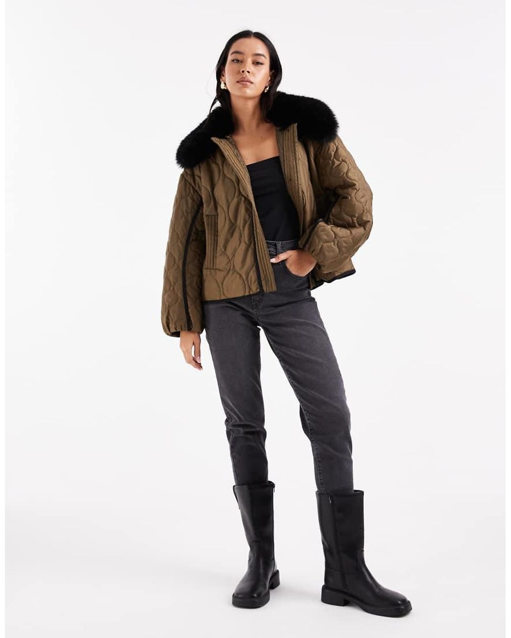 ASOS Brown Quilted Hybrid Borg Collarless Jacket