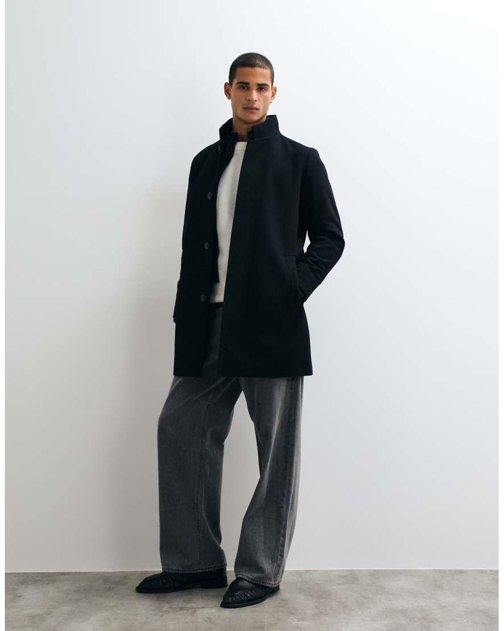 Jack & Jones Blue Wool Blend Coat With High Collar for men