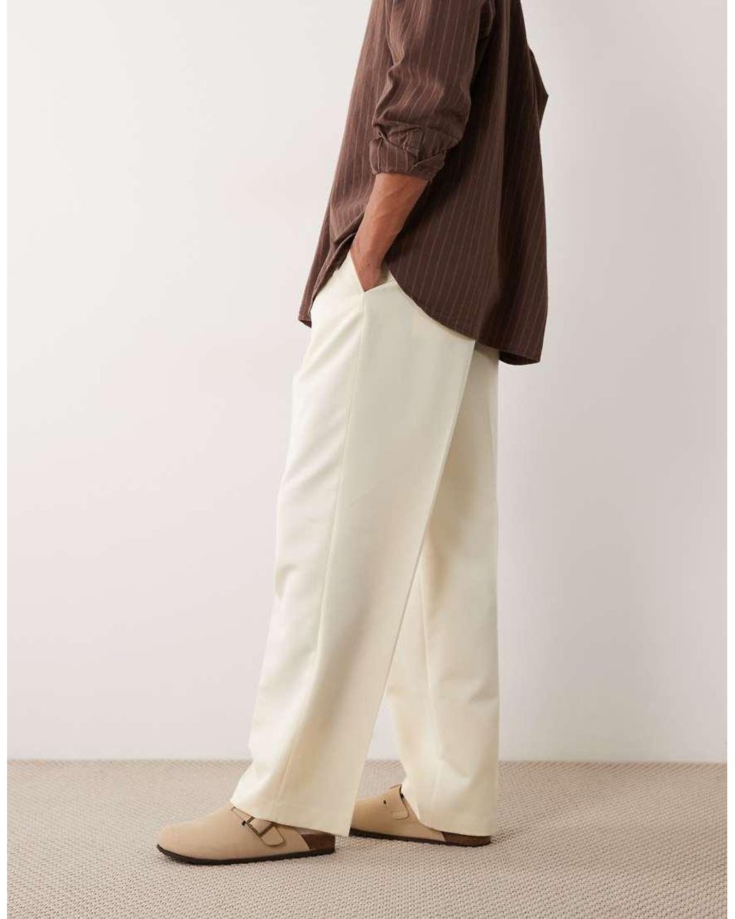 ASOS Natural Tailored Pleated Wide Leg Trousers for men