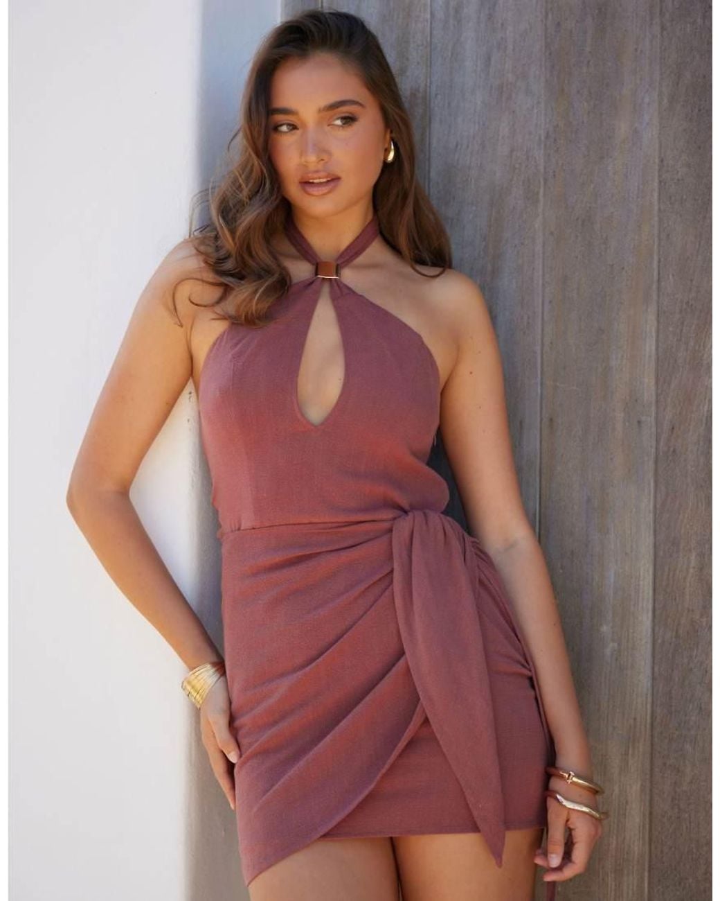 Noughts & Kisses Red Linen Blend Gold Hardware Halterneck Keyhole Plunge Wrap Skirt Detail Mini Dress