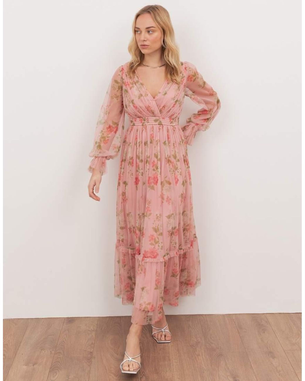 ANAYA Pink Floral Print Faux Wrap Long Sleeve Midaxi Dress