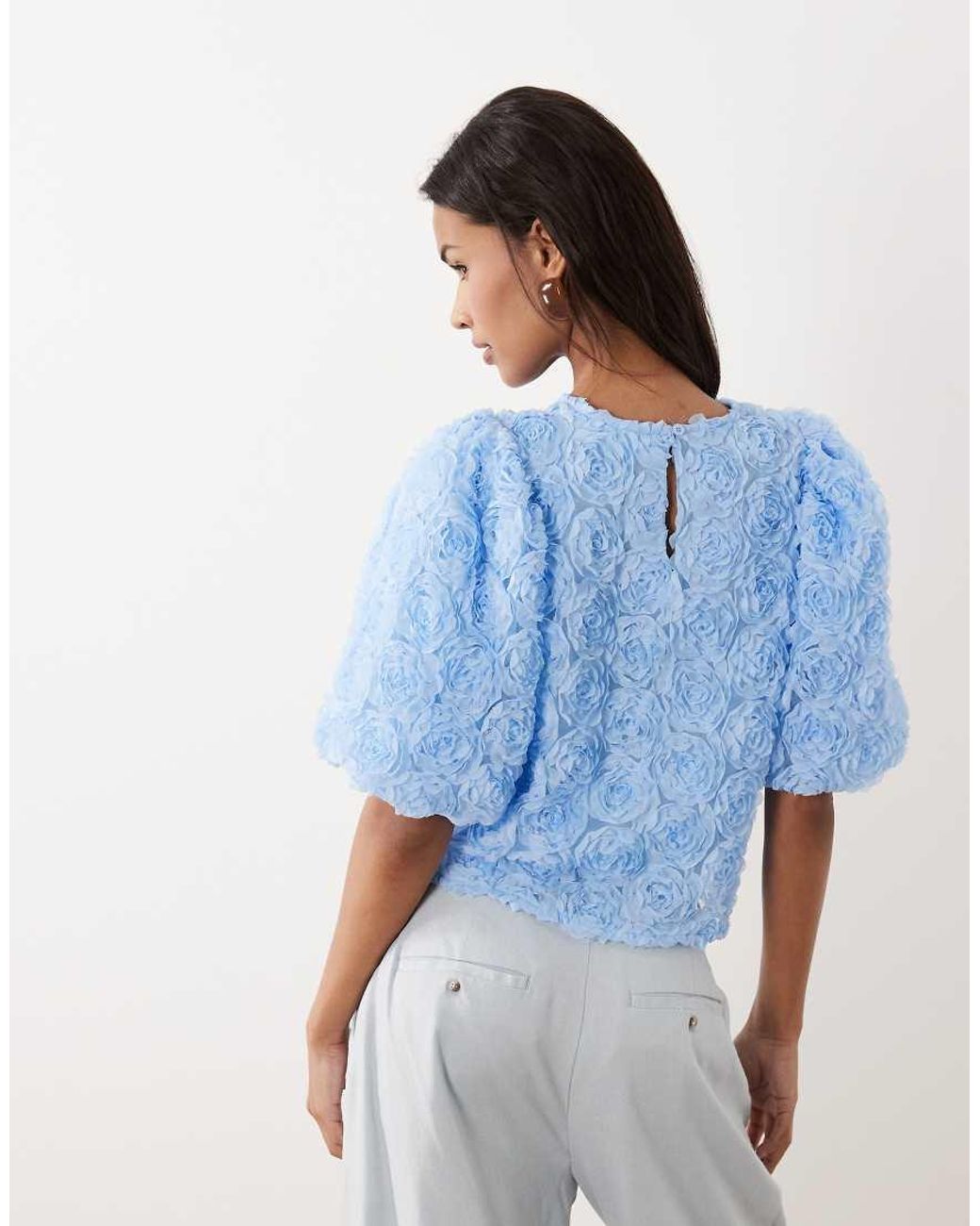 Vila Blue Floral Jacquard Short Sleeve Top