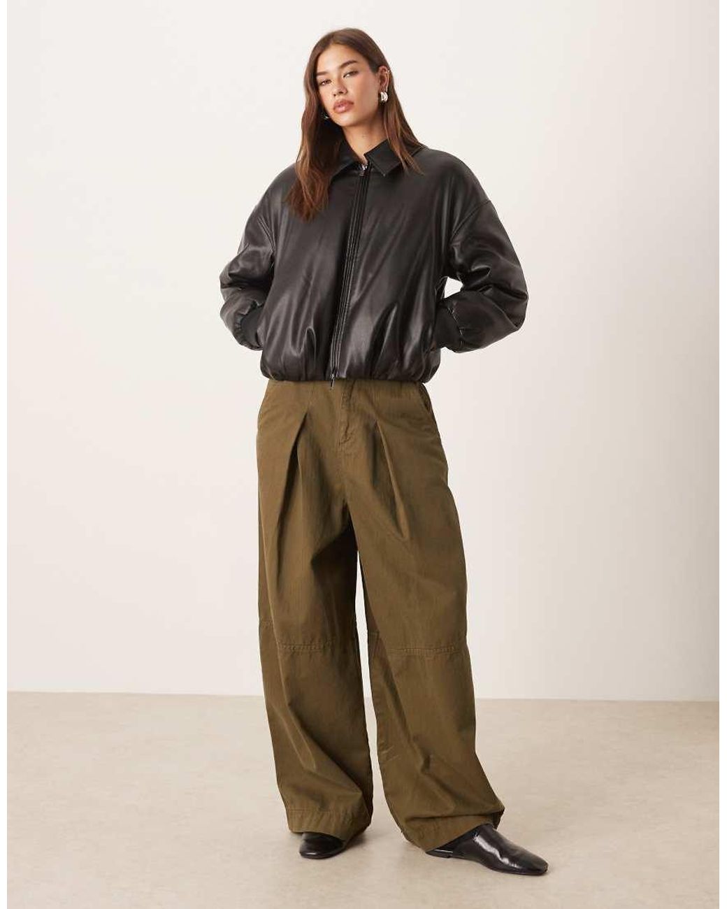 Abercrombie & Fitch Brown Vegan Leather Bubble Hem Bomber Jacket