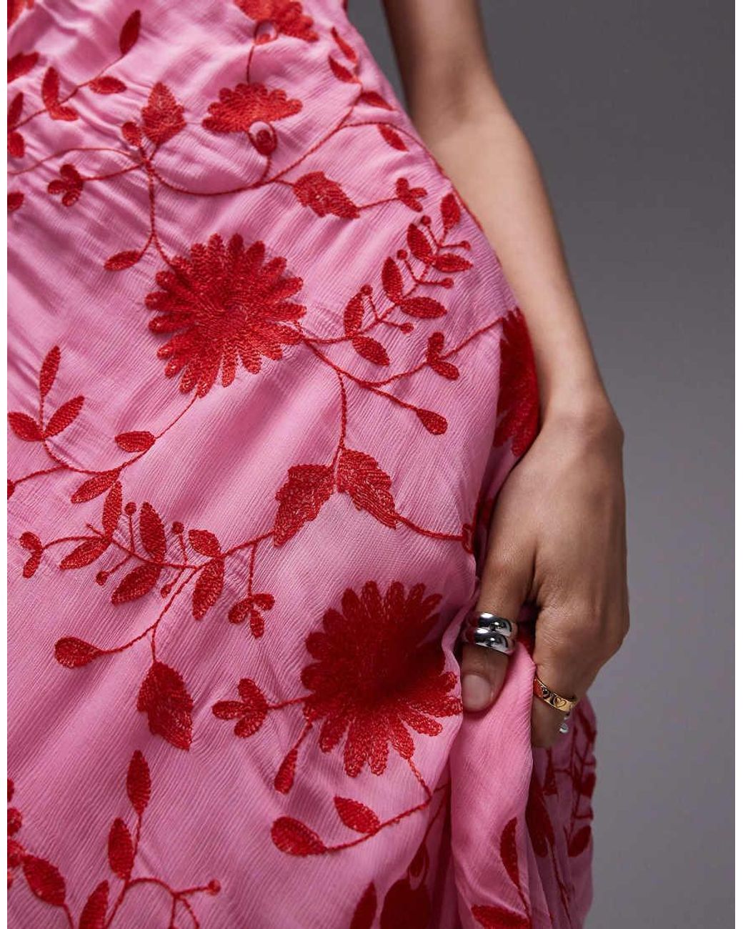 TOPSHOP Floral Embroidery Maxi Slip Dress in Red | Lyst UK