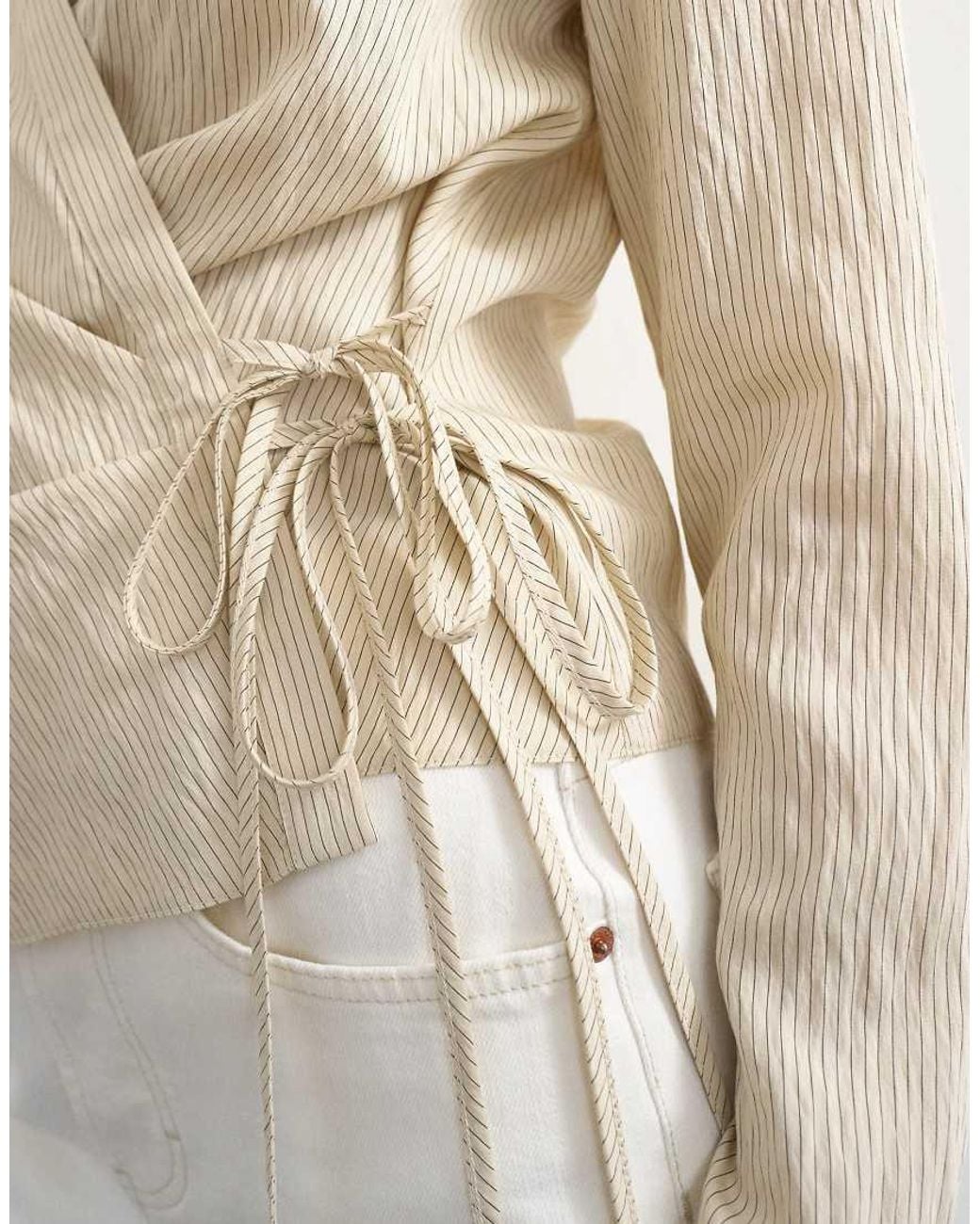 TOPSHOP Natural Stripe Asymmetric Wrap Tie Shirt