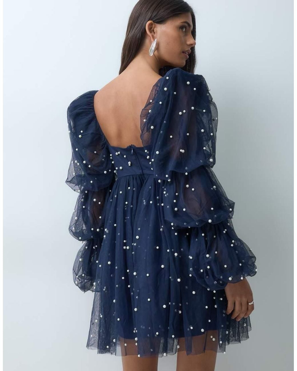 ASOS Blue Tulle Baby Doll Dress With Pearl Embellishment