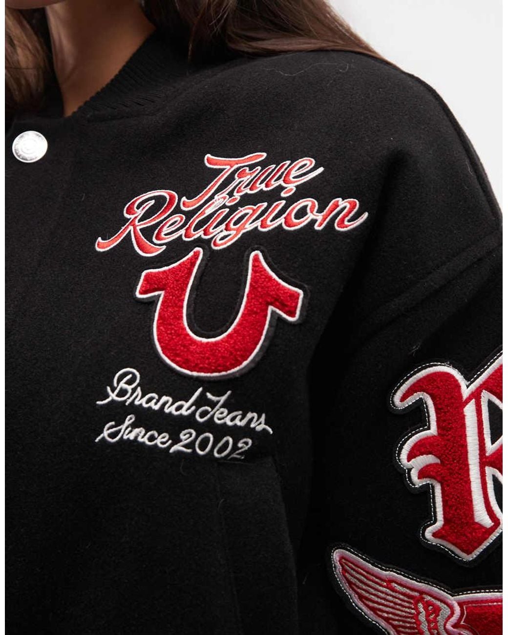True Religion Black Embriodered Logo Relaxed Fit Hooded Varisty Bomber Jacket With Hood