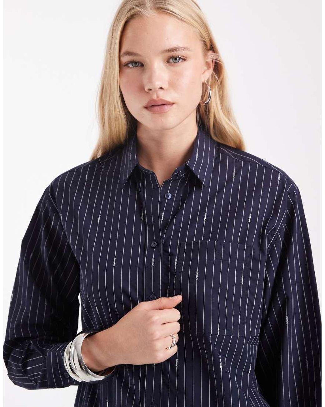 Lacoste Blue Oversized Jaquard Stripe Poplin Shirt
