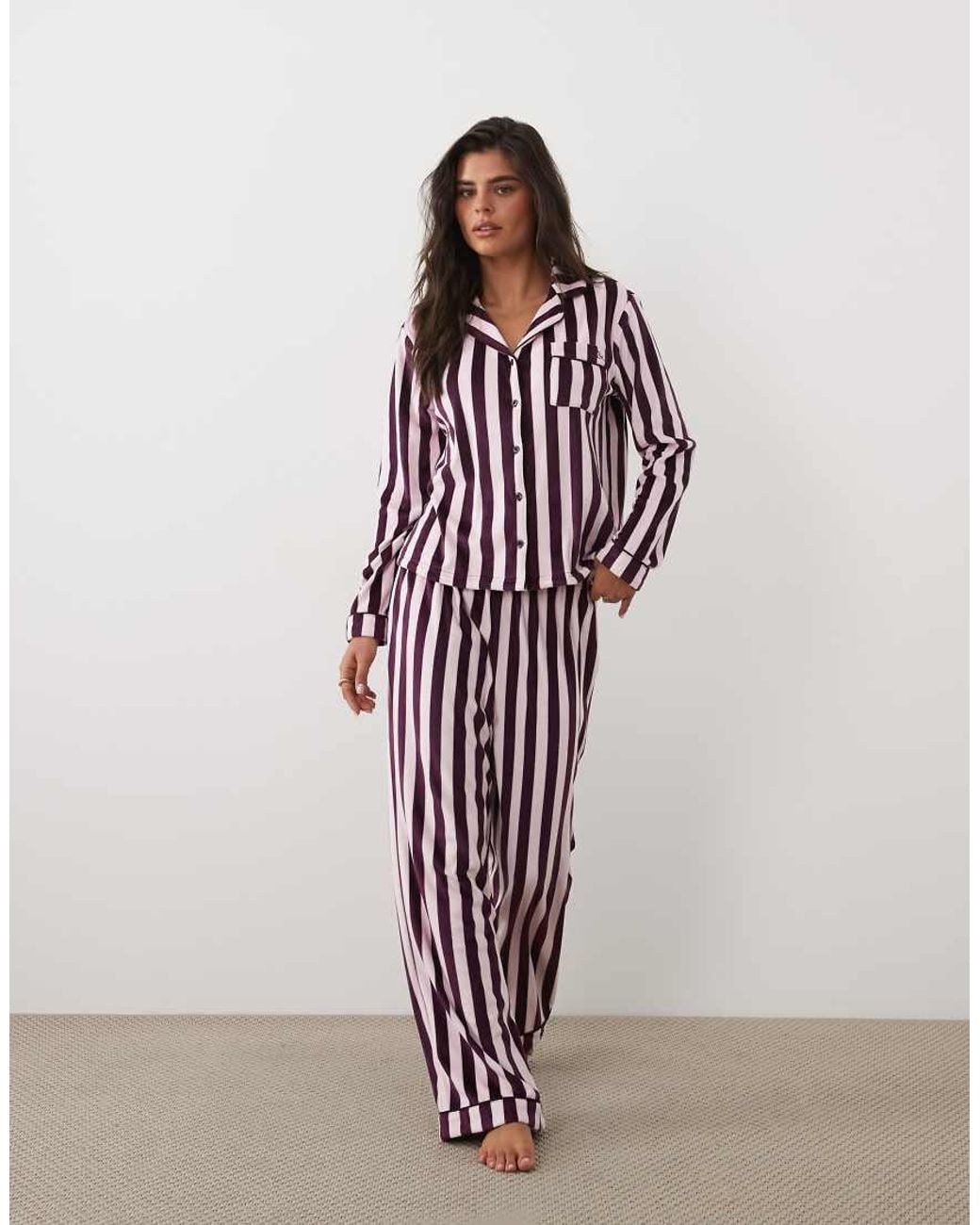 Boux Avenue Red Velvour Striped Revere Pyjama Set
