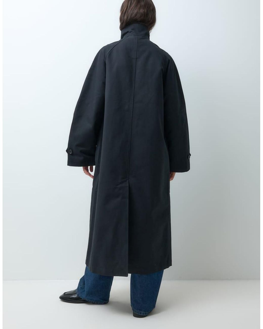 ARKET Blue Waxed Cotton Funnel Neck Trench Coat With Cord Inner Collar Detail