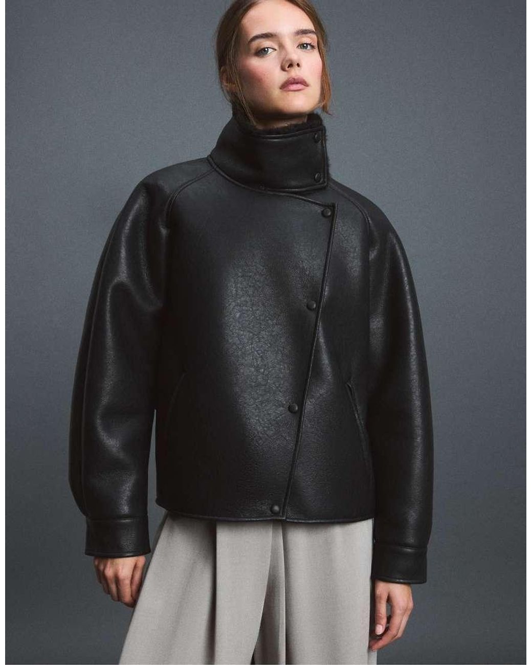 Stradivarius Black Leather Effect Double-faced High Neck Jacket