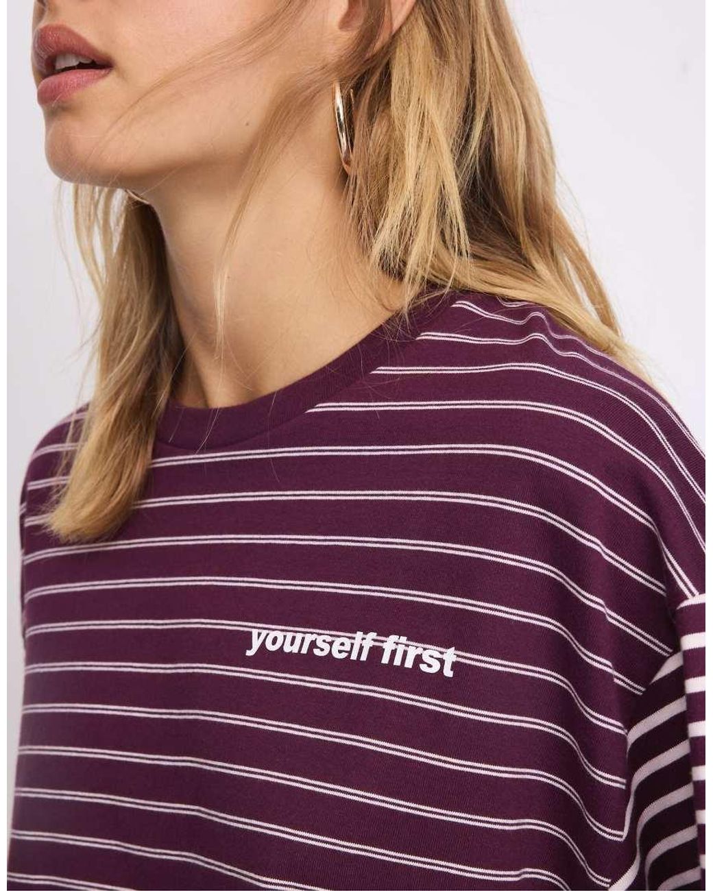 Stradivarius Purple Long Sleeve Striped Slogan T-Shirt