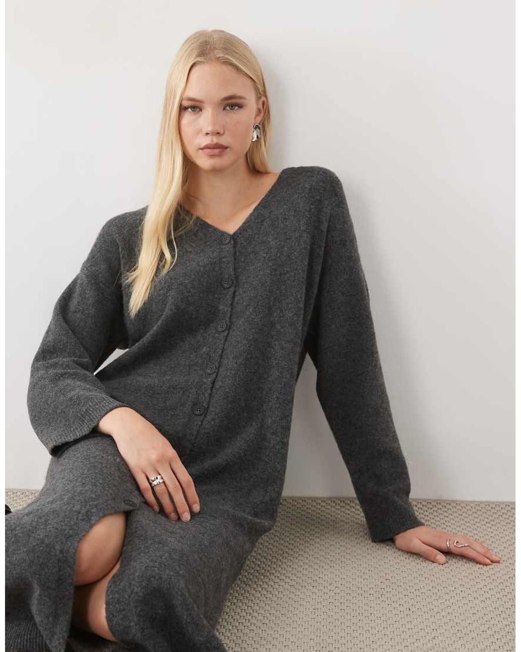 Aware Gray Long Sleeve V-neck Knitted Maxi Dress
