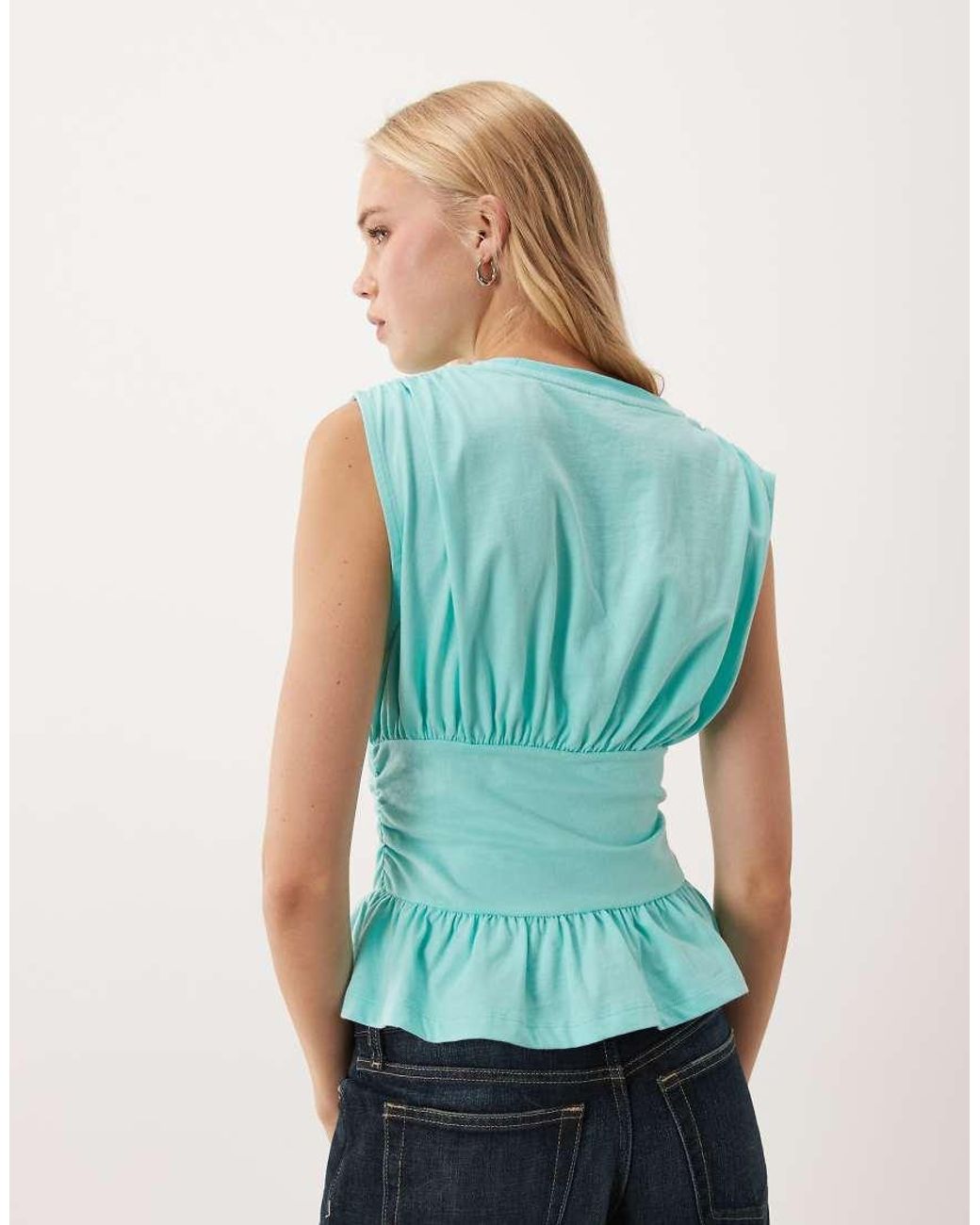 Miss Selfridge Blue Gathered Shoulder Peplum Hem Top With Waistband