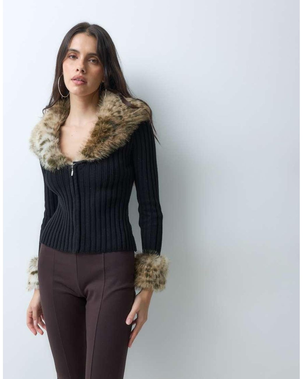 I.AM.GIA Black Cressida 2.0 Leopard Faux Fur Trim Zip Through Cardigan