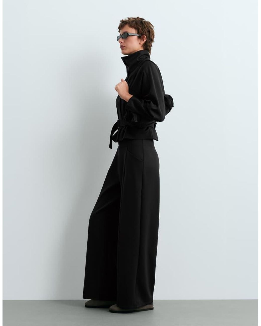 Oysho Black High Rise Wide-leg Neoprene-effect Trousers