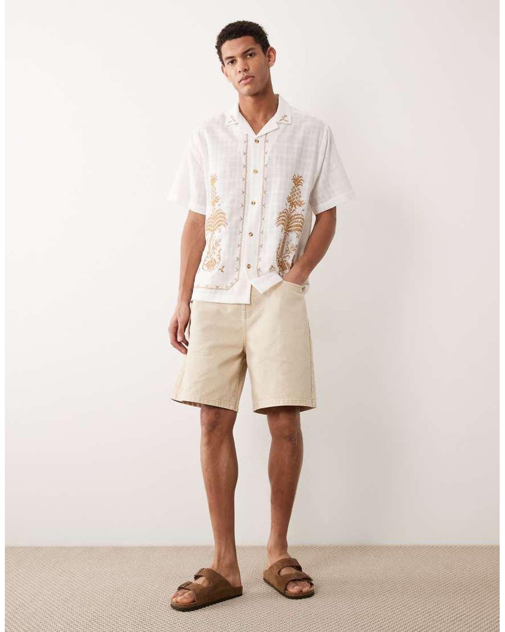 ASOS White Relaxed Textured Shirt With Embroidery for men