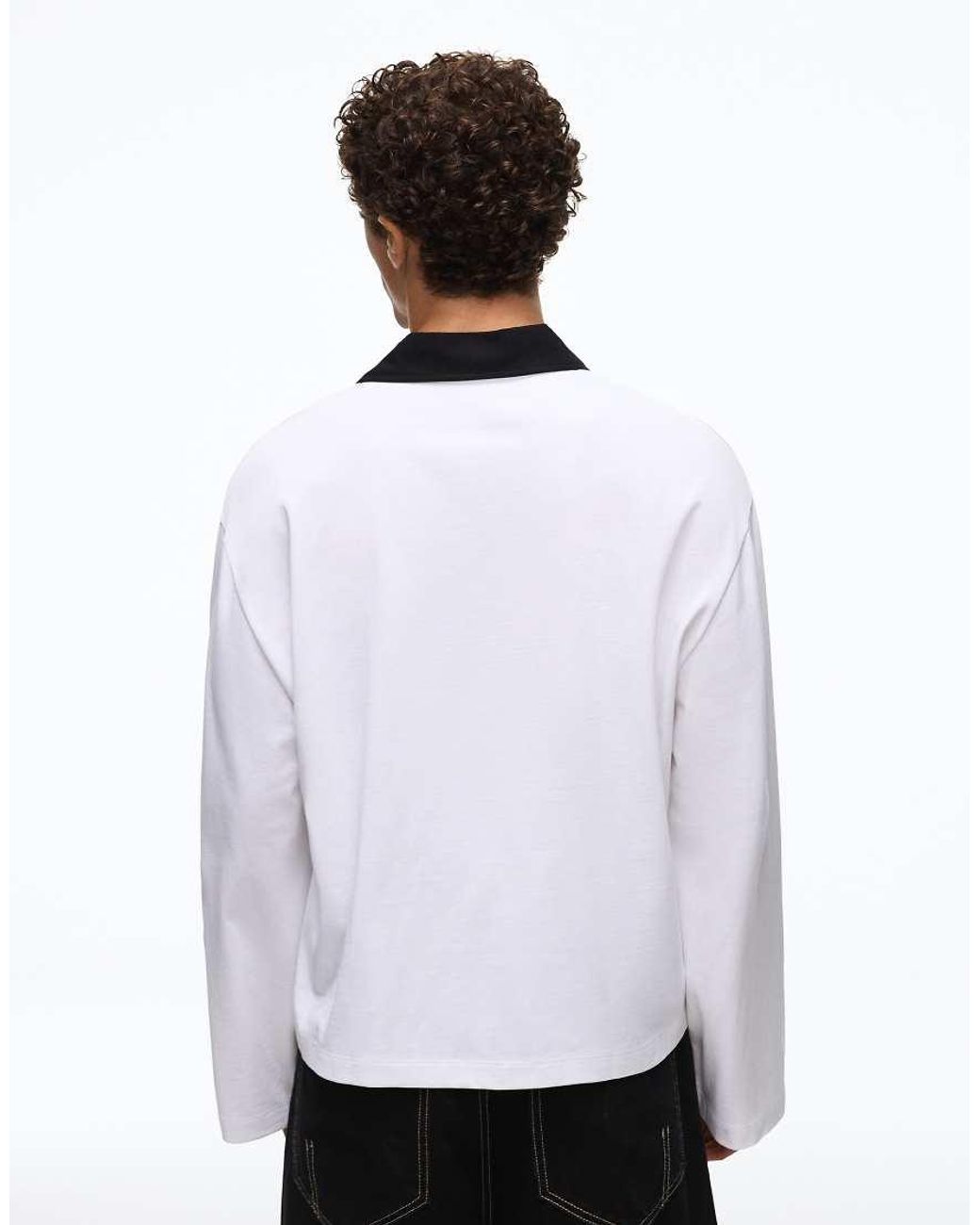 Bershka White Boxy Long Sleeve Polo Shirt for men