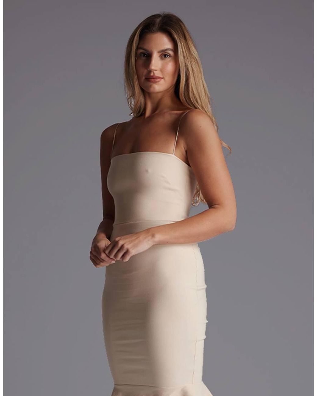 Vesper Gray Square Neckline Frill Hem Midi Dress
