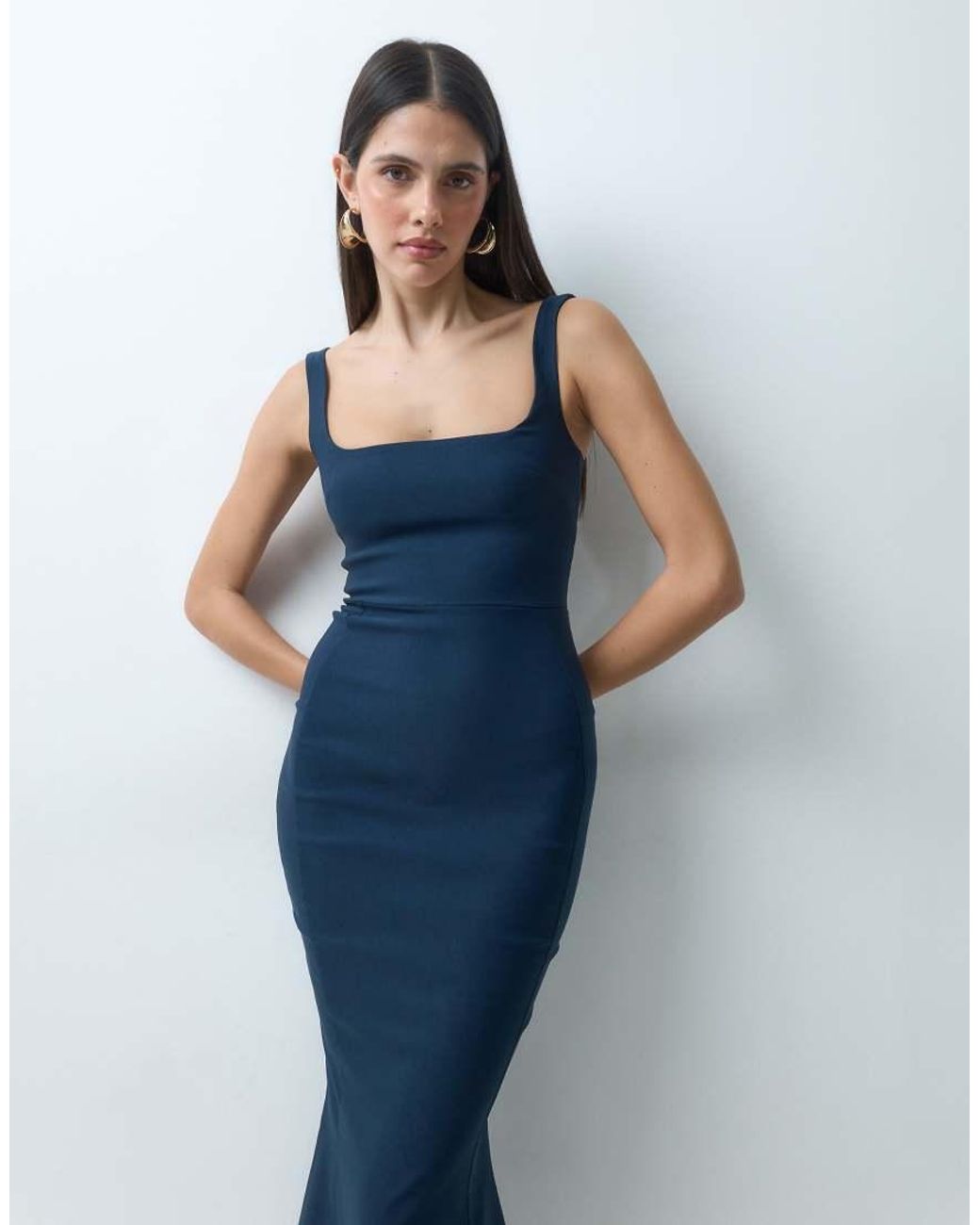 Vesper Blue Bengaline Sleeveless Square Neck Fishtail Midi Dress