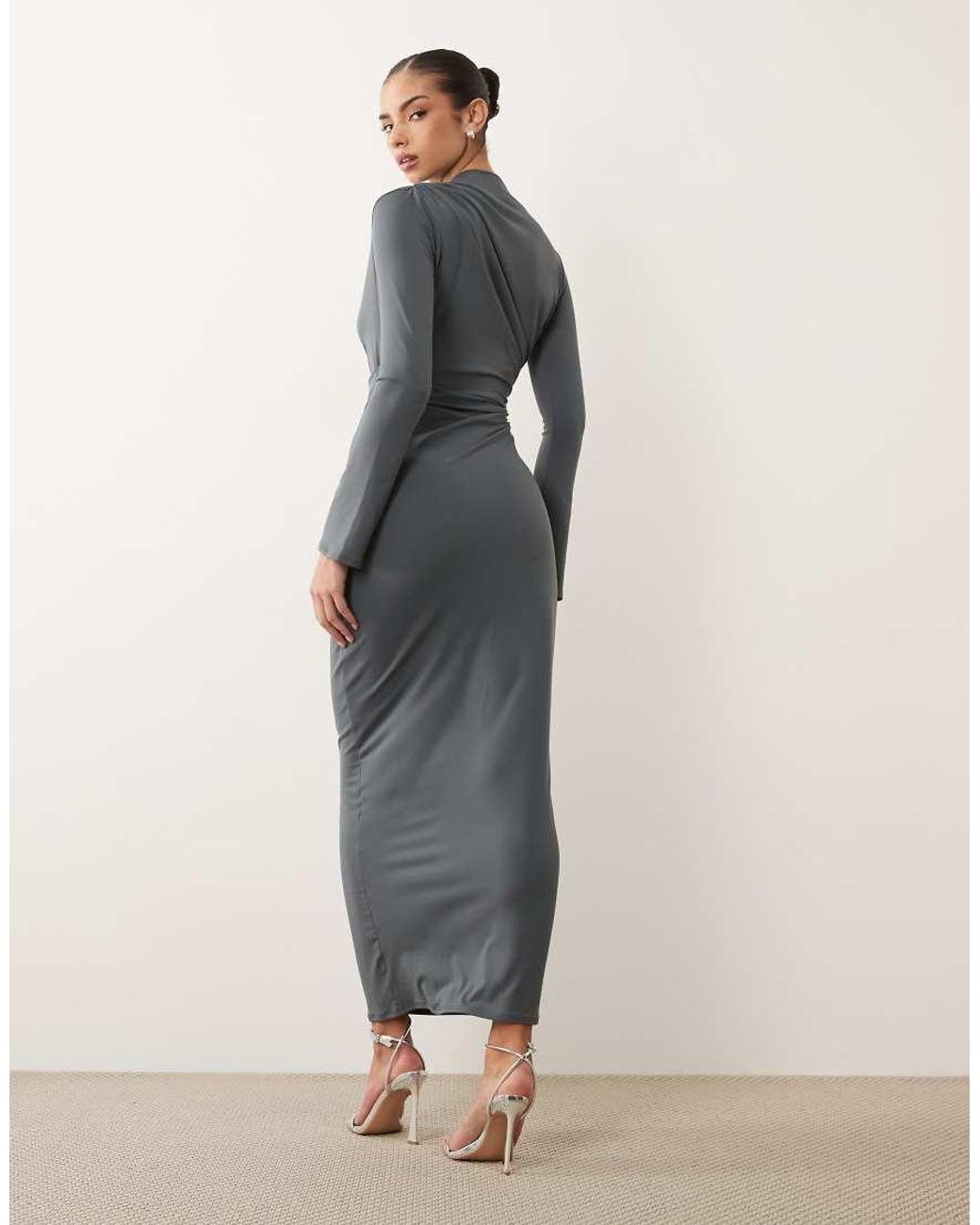 ASOS Gray Asymmetric Drape Slash Neck Maxi Dress