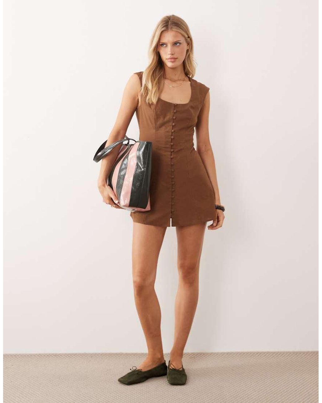 ASOS Brown Square Neck Button Down Mini Sundress Warm Chocolate