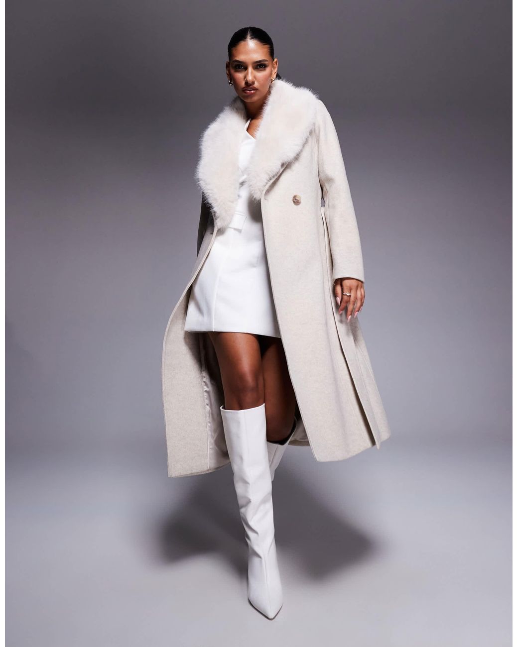 Forever New Natural Formal Belted Longline Detachable Faux Fur Shawl Collar Coat