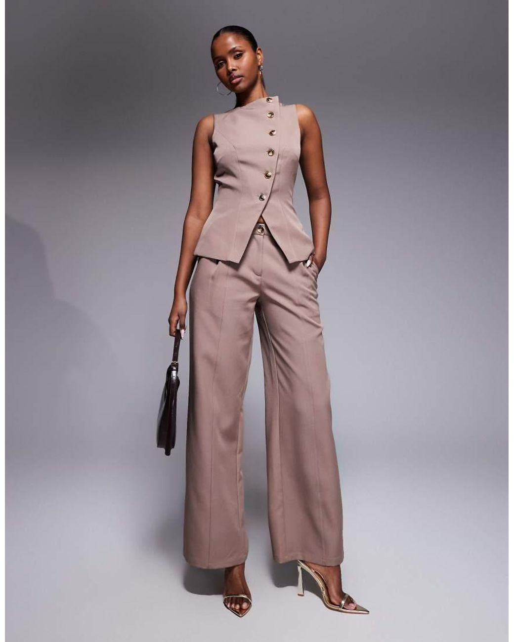 Kaiia Brown Exclusive Tailored Asymmetric Button Detail Waistcoat Top Co-ord