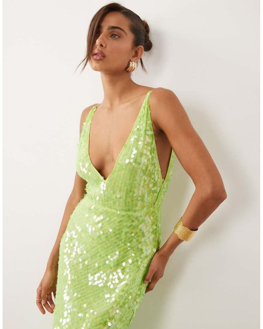 ASOS Green Iridescent Sequin Deep Plunge Fishtail Maxi Dress