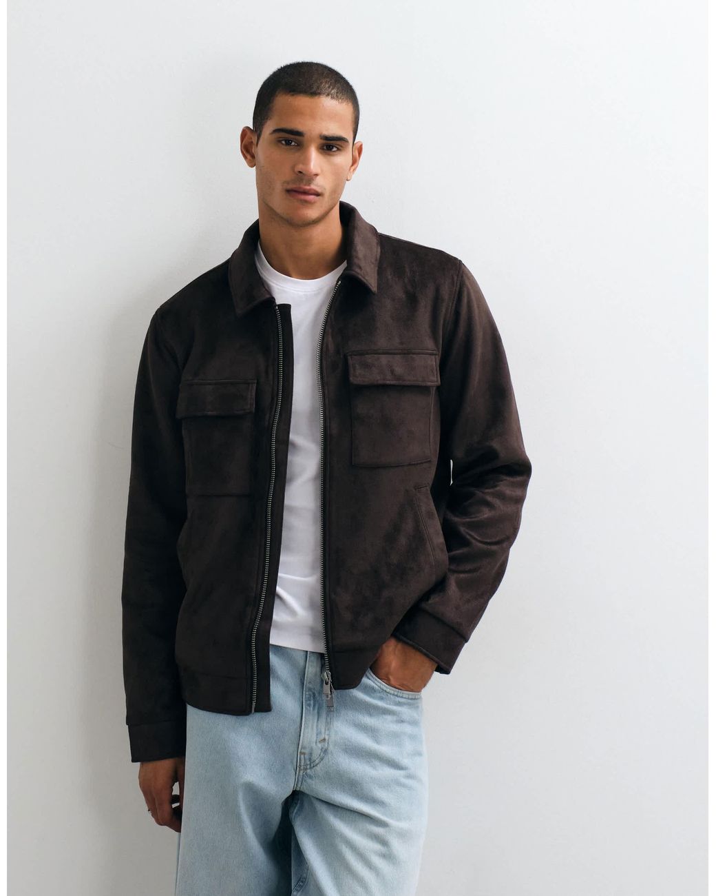 Threadbare Black Faux Suede Collared Jacket for men