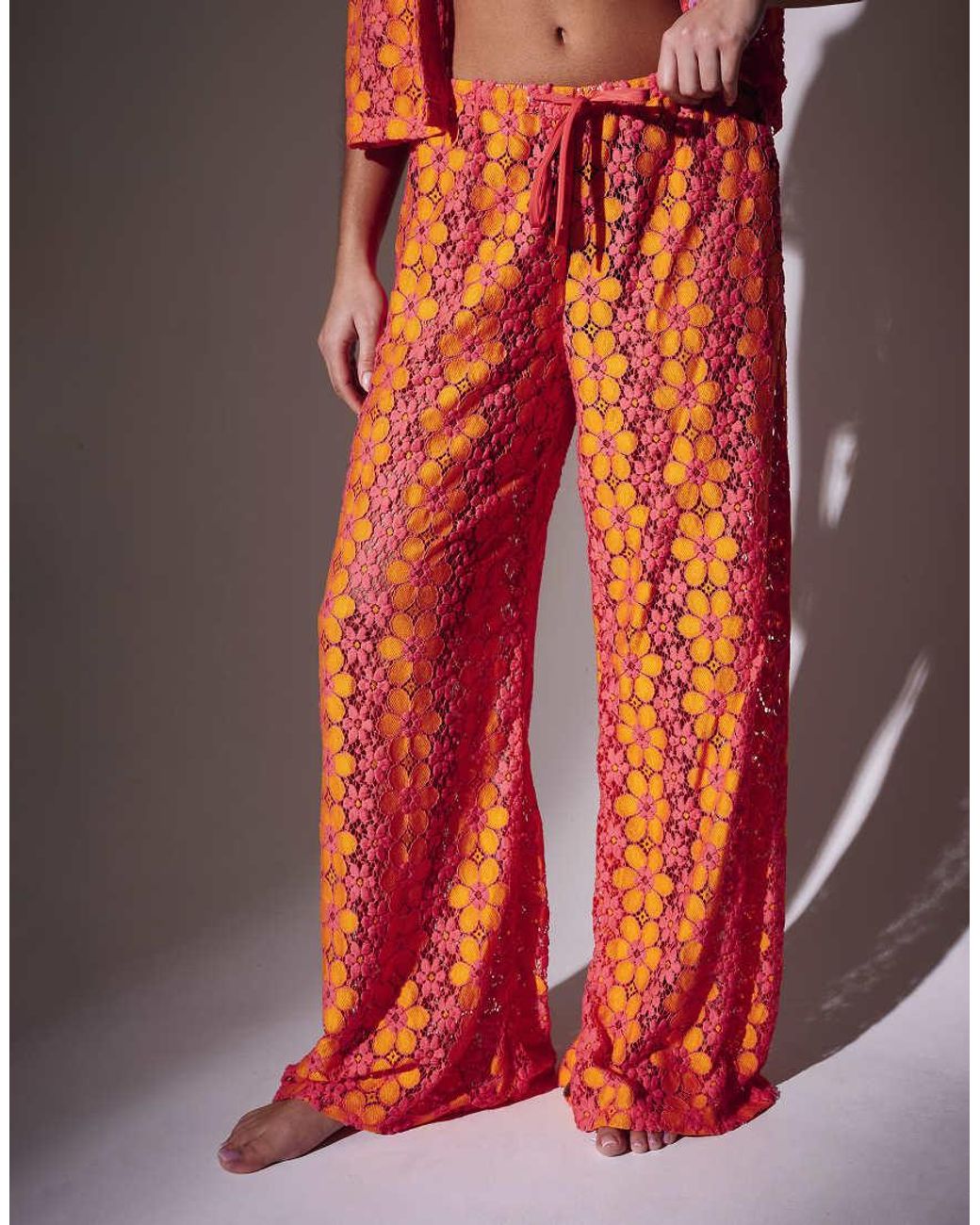 South Beach Multicolor Floral Crochet Wide Leg Beach Trousers