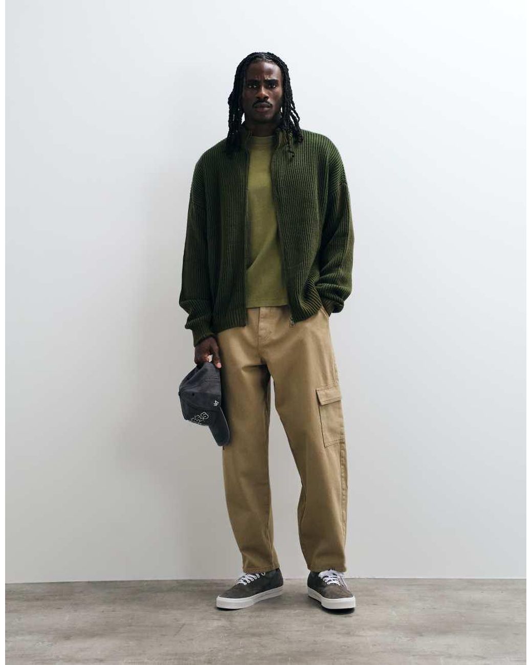 ASOS Green Oversized Fisherman Rib Funnel Neck Zip Through for men